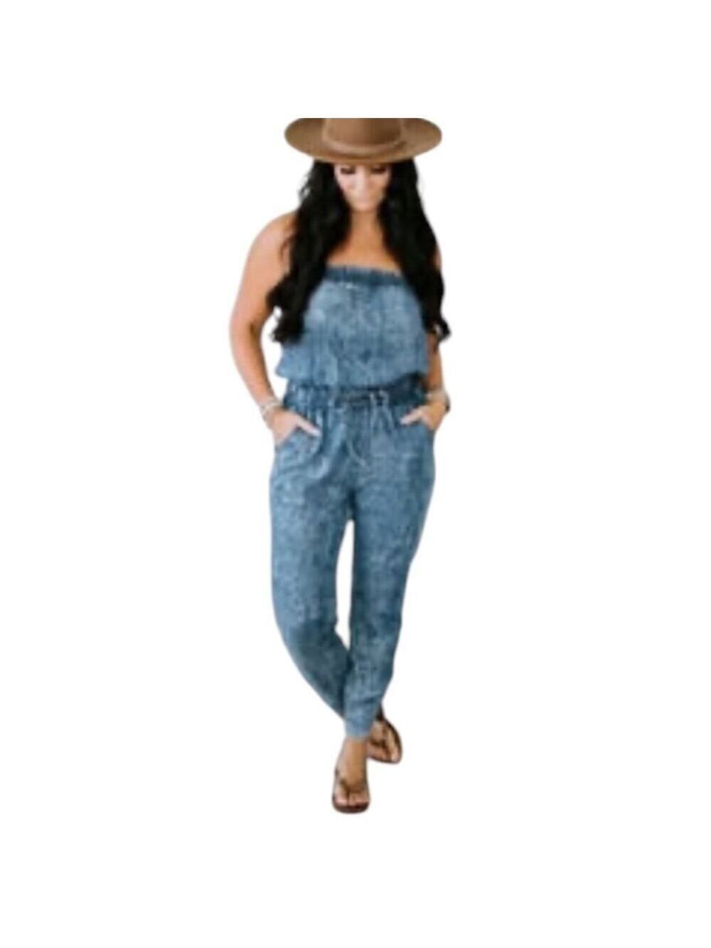 BLUIVY Strapless Blue Jean Romper Jumpsuit Drawstring Pockets Acid Washed EC L